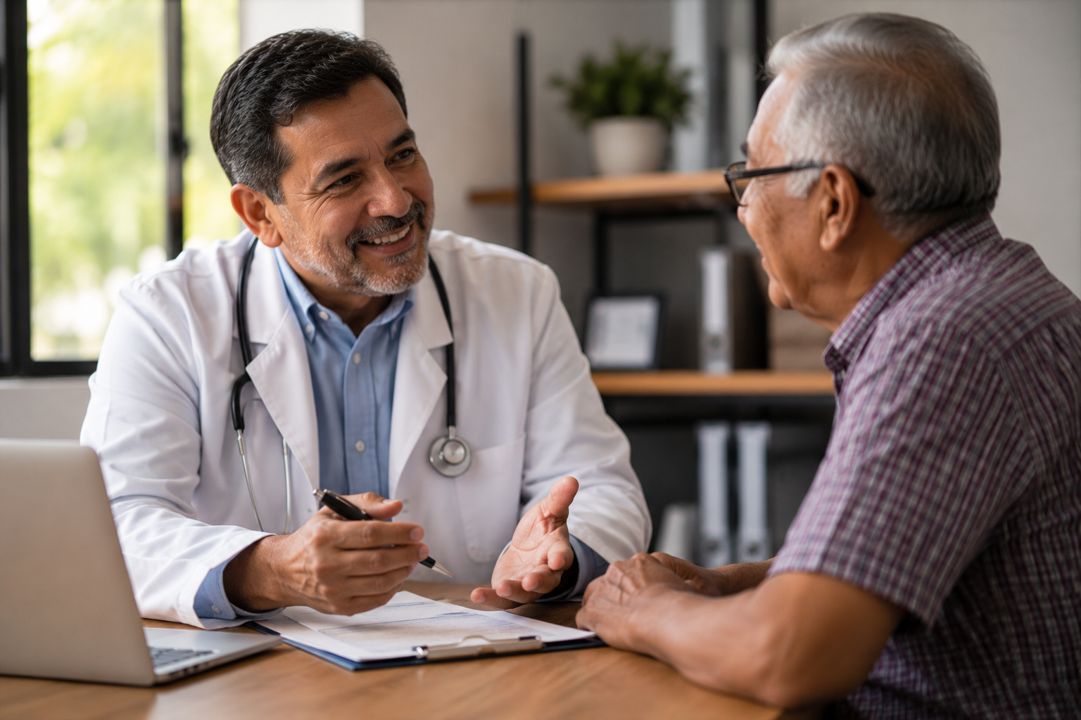 Un médico conversa con un paciente mayor durante una consulta.